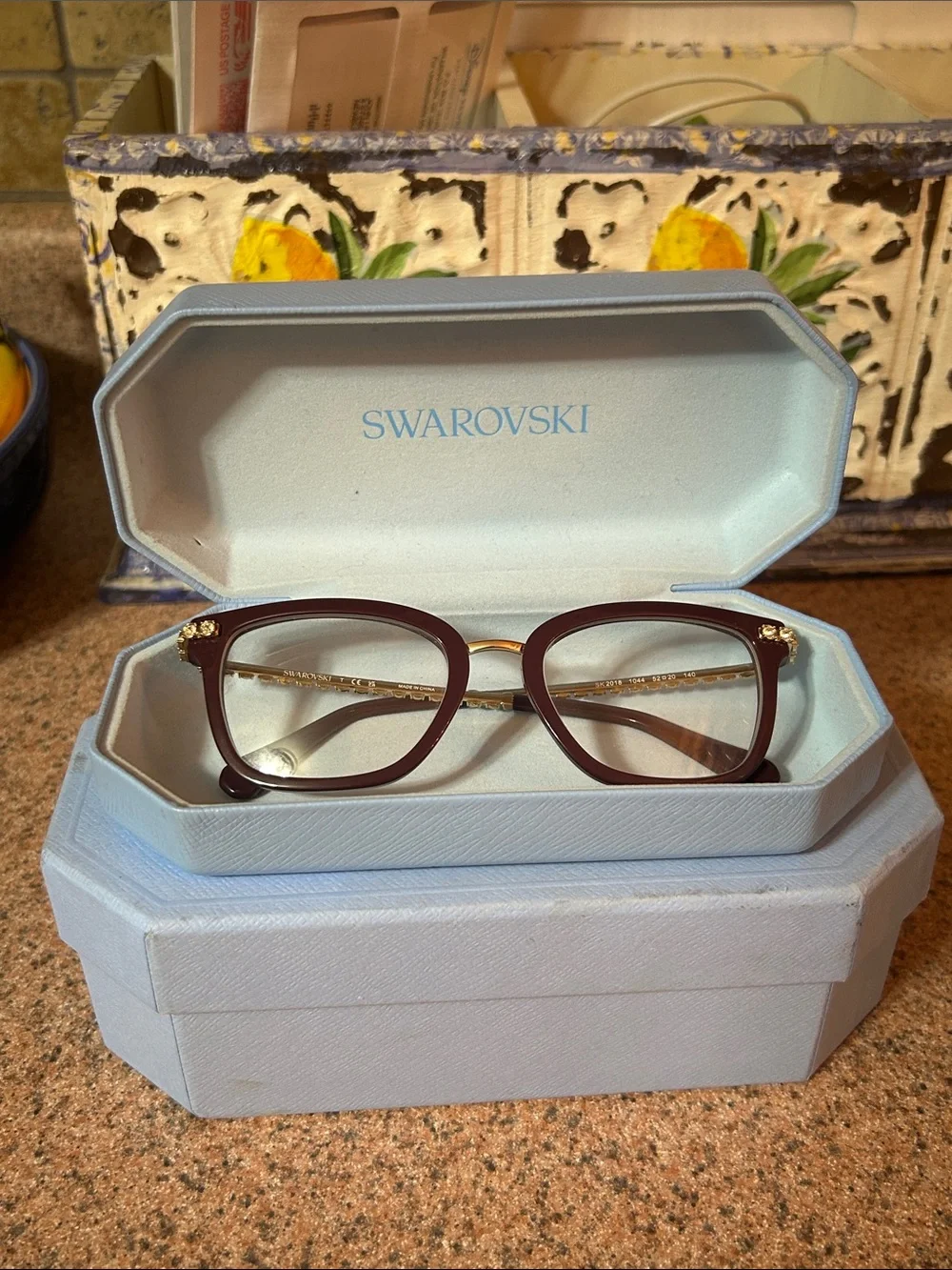 Swarovski Deep Burgundy and Gold Women's Eyeglasses with Crystal Detail